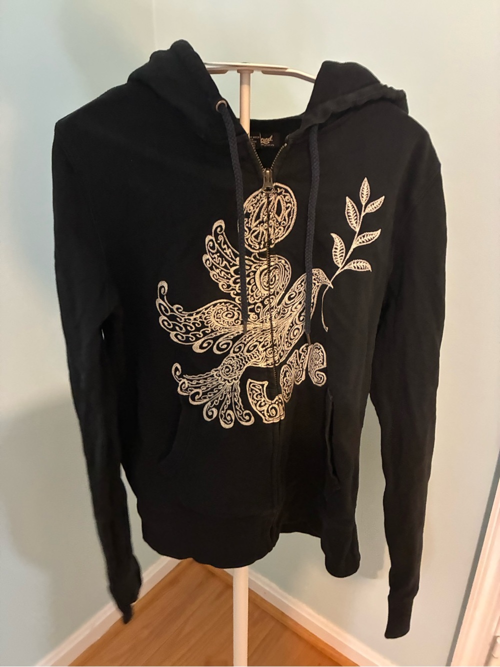 Lucky Brand Black Zip Hoodie Sweatshirt with White Bird & Branch Embroidery